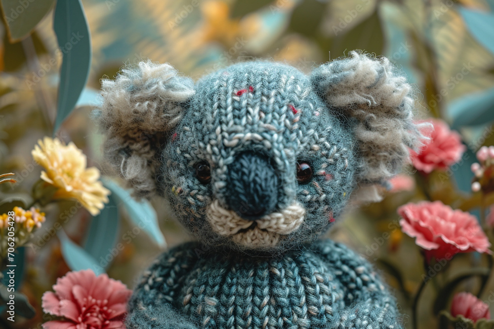 A depiction of a knitted Koala, on a pastel coloored backgrond. A depiction of a knitted Koala, on a pastel coloored backgrond.
