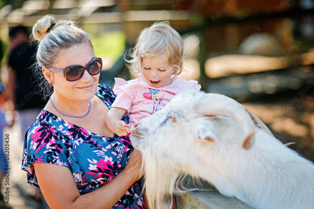 Adorable cute toddler girl and young mother feeding little goats and sheeps on kids farm. Beautiful baby child petting animals in petting zoo. Woman and daughter together on family weekend vacations Adorable cute toddler girl and young mother feeding little goats and sheeps on kids farm. Beautiful baby child petting animals in petting zoo. Woman and daughter together on family weekend vacations