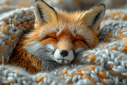 A depiction of a knitted Fox, on a pastel coloored backgrond.