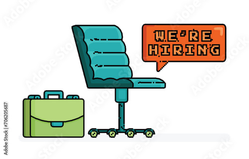 pixel line art of work chair and briefcase with bubble shout we're hiring. looking for applicants for specific position. Can be used for ads, websites, flyers, brochures of  job vacancy and hiring