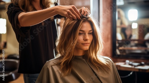 Beautiful woman getting haircut by hairdresser in the beauty salon. Small business in the service sector, work, hobbies, profession, beauty and care concepts. © liliyabatyrova