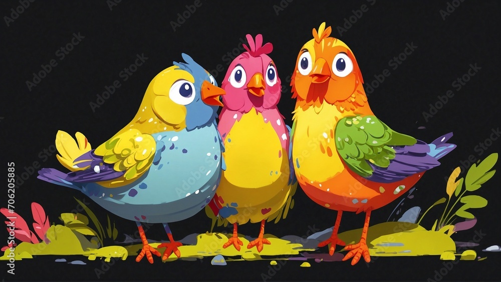 Charming Trio of Colorful Cartoon Birds. Playful, Animated Style. Friendship and Joy Concept. Great for Children's Content, Educational Materials, and Lively Decorations