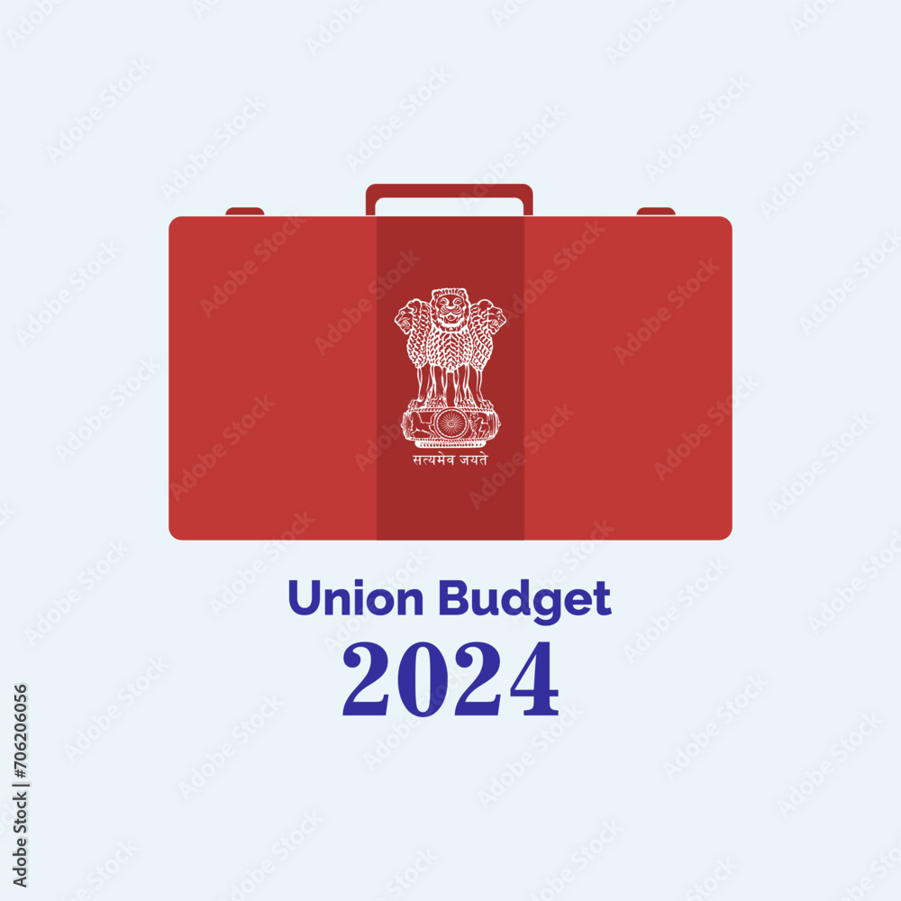 Union Budget 2025 India. Red suitcase and national emblem of India