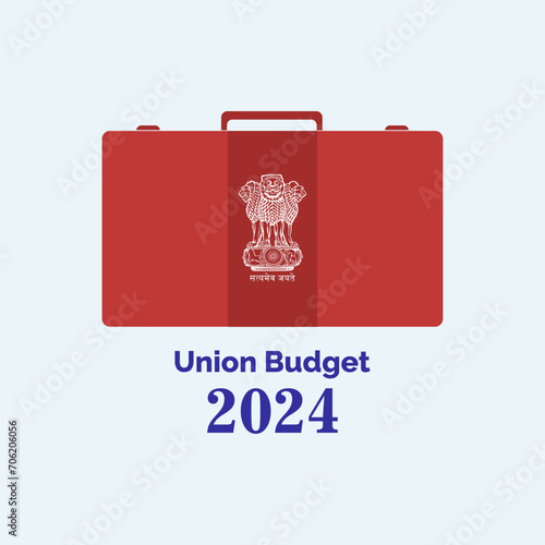 Union Budget 2024 India. Red suitcase and national emblem of India. Vector, Illustration.