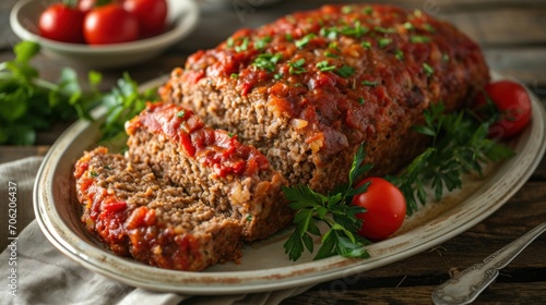  a meatloaf with tomato sauce and parsley on a plate with a fork and a bowl of tomatoes in the background.