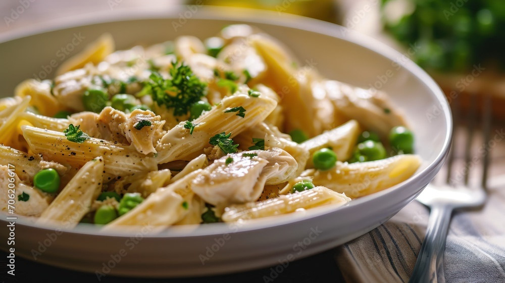 a bowl of pasta with chicken, peas, and broccoli on a table with a knife and fork. a bowl of pasta with chicken, peas, and broccoli on a table with a knife and fork.