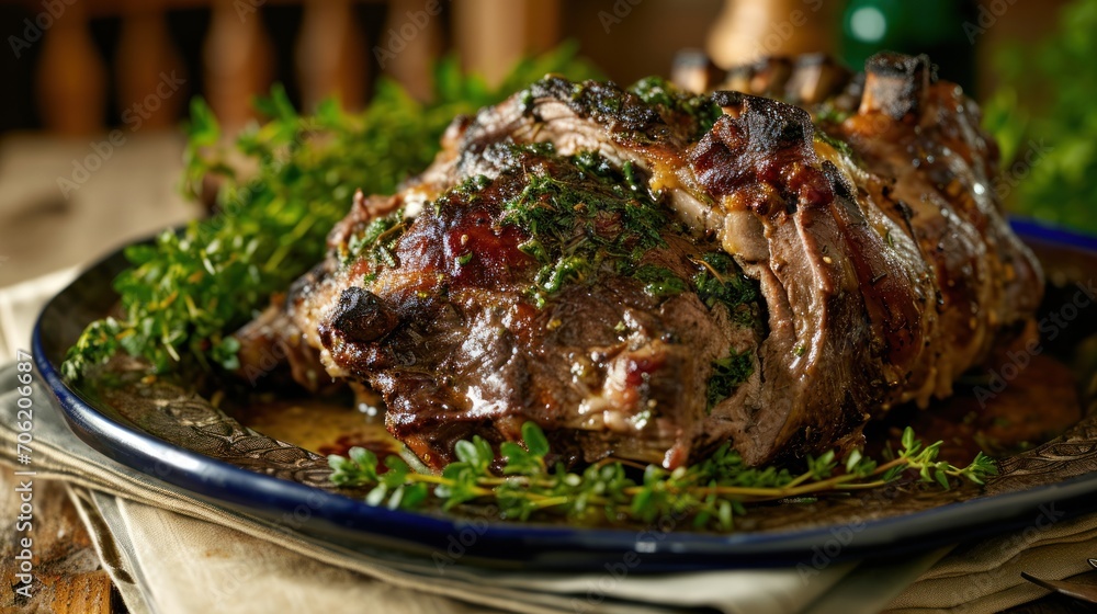  a large piece of meat sitting on top of a blue plate covered in green sprouts on a wooden table.
