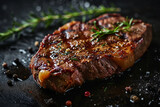 Freshly grilled medium rib eye steak with rosemary and pepper
