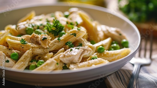  a bowl of pasta with chicken, peas, and broccoli on a table with a knife and fork.