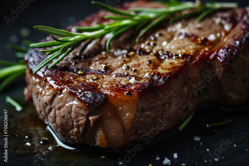 Freshly grilled medium rib eye steak with rosemary and pepper
