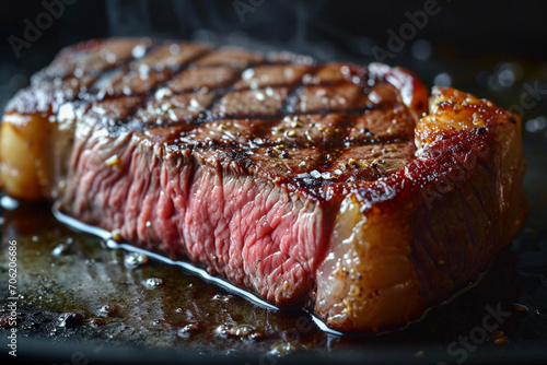 Freshly grilled medium rib eye steak with rosemary and pepper 