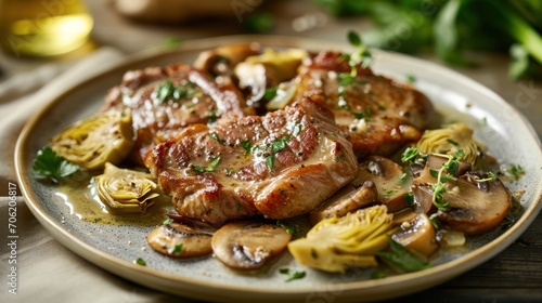  a close up of a plate of food with meat, mushrooms, and artichokes on a table.