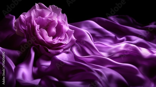  a large pink flower sitting on top of a purple sheet of satin fabric on top of a black table cloth.