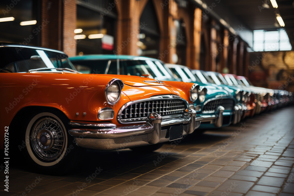Colorful retro cars parked in a row. Classic cars in a row. Retro exhibition of an old motor vehicle. Colorful retro cars parked in a row. Classic cars in a row. Retro exhibition of an old motor vehicle.