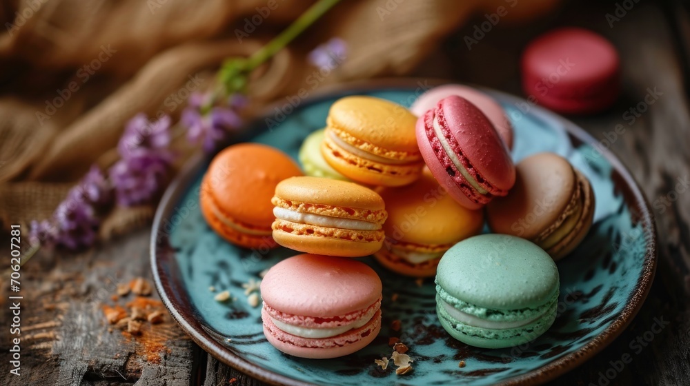 a plate filled with different colored macaroons on top of a table next to a purple and purple flower. a plate filled with different colored macaroons on top of a table next to a purple and purple flower.