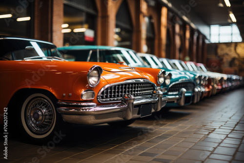 Colorful retro cars parked in a row. Classic cars in a row. Retro exhibition of an old motor vehicle. © Irina Mikhailichenko