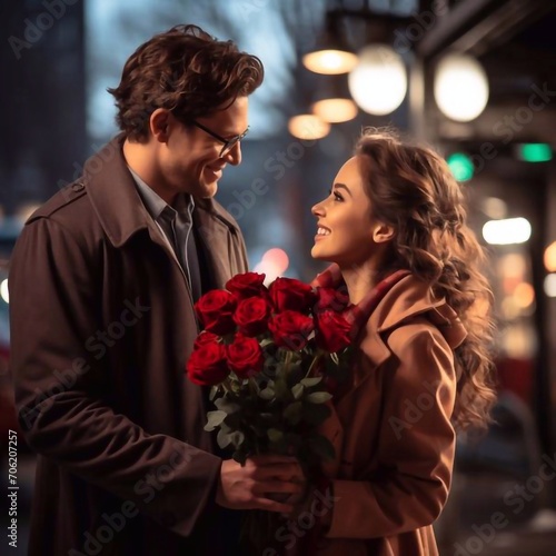 man gives a girl a bouquet of red roses on Valentin