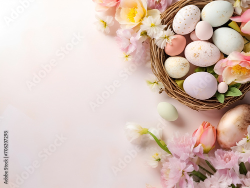 Colorful Easter eggs with beautiful spring flowers on a pink background with copy space. Postcard or banner