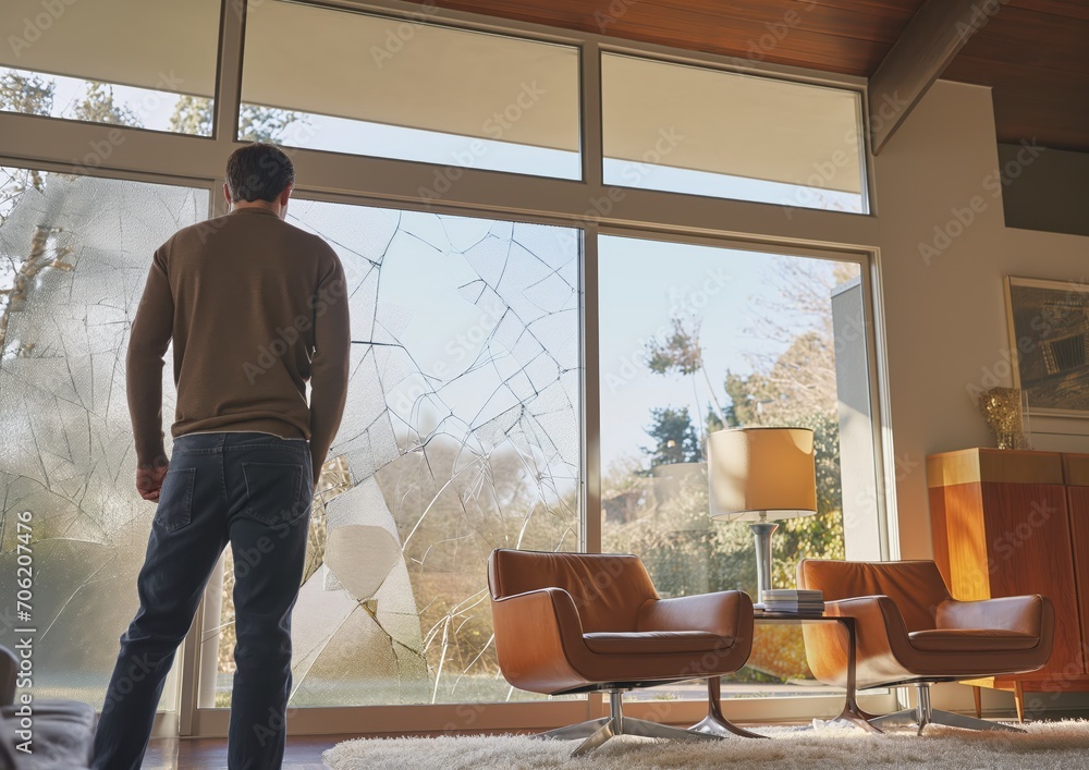 Fototapeta premium Close-Up Home Inspection: Technician Assessing Cracked Window Pane in Mid-Century Modern House with Minimalist Furniture