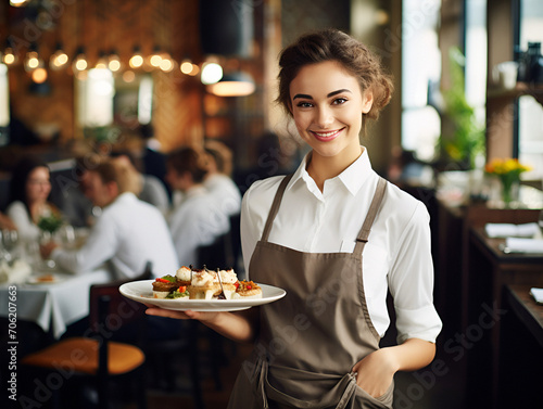 A beautiful young waitress in a restaurant with plates of food in an expensive luxury restaurant photo