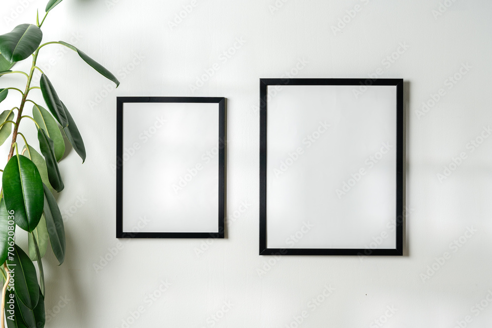 Black frames and houseplant against white wall copy space
