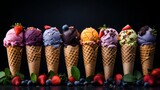 Various of ice cream flavor in cones, setup on dark stone background