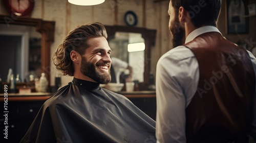 Happy male hairdresser talking with customer in barber shop. Small business in the service sector, work, hobbies, profession, beauty and care concepts.