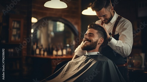 Happy young handsome bearded man visiting hairstylist in barber shop salon. Small business in the service sector, work, hobbies, profession, beauty and care concepts.