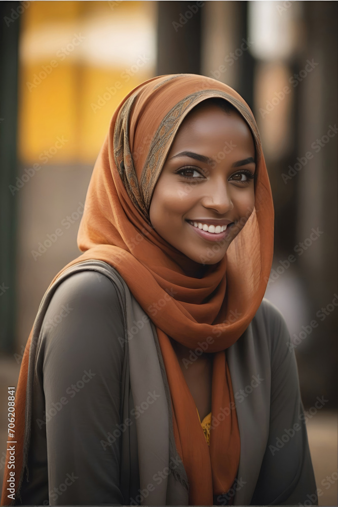 Beautiful Muslim woman smiling and laughing wearing a hijab and decorated shawl Beautiful Muslim woman smiling and laughing wearing a hijab and decorated shawl