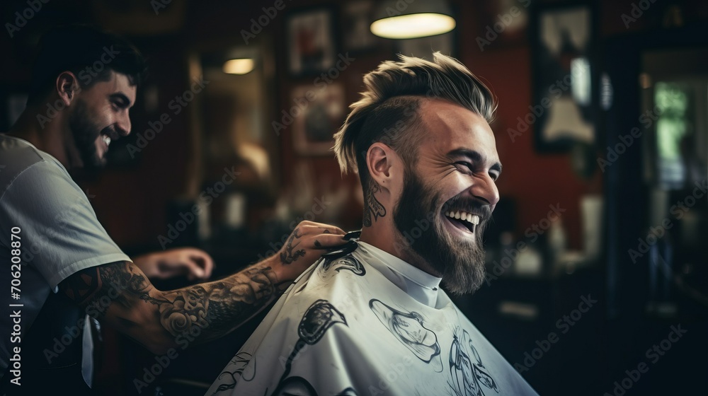 Happy young handsome bearded man visiting hairstylist in barber shop salon. Small business in the service sector, work, hobbies, profession, beauty and care concepts. Happy young handsome bearded man visiting hairstylist in barber shop salon. Small business in the service sector, work, hobbies, profession, beauty and care concepts.