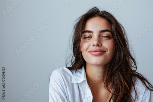 Young woman posing in front of clean background.Copyspace for text.