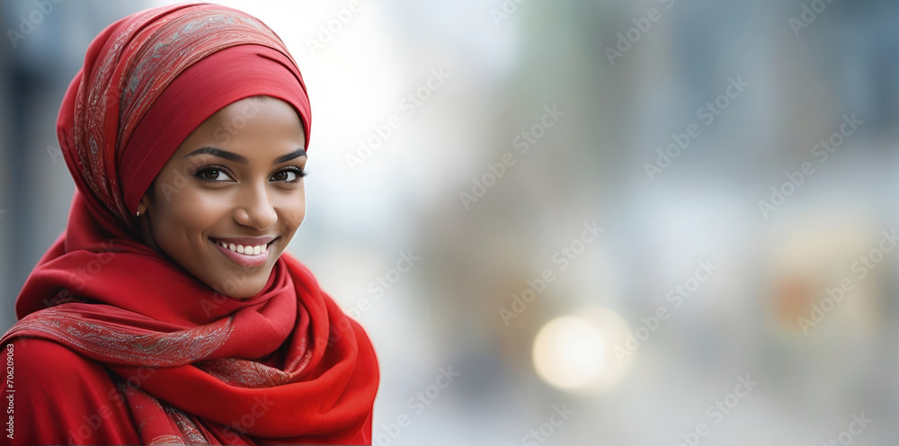 Beautiful Muslim woman smiling and laughing wearing a hijab and decorated shawl Beautiful Muslim woman smiling and laughing wearing a hijab and decorated shawl