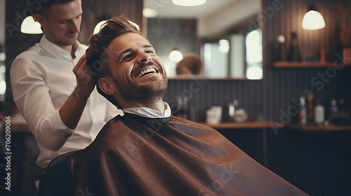 A happy smiling man in a barbershop. Small business in the service sector, work, hobbies, profession, beauty and care concepts.