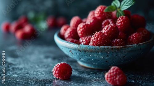  a blue bowl filled with raspberries on top of a gray counter top next to a pile of raspberries.
