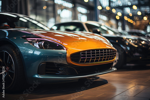 Close Up Of New Luxury Car Dealership Inventory With Passenger Vehicles Parked In Garage. automobile transportation dealer business concept © Irina Mikhailichenko