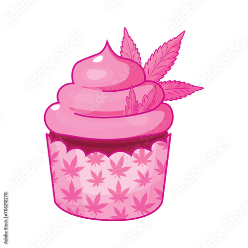 Pink marijuana cannabis weed cupcake isolated on white background. Vector illustration of cannabis muffin. 