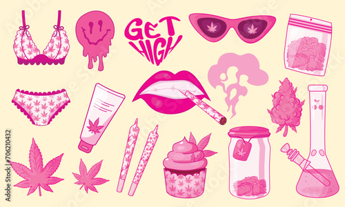 Collection of vector illustrations in pink girly style y2k. Marijuana, cannabis, weed, jar of cones, lips, joint, lingerie. Editable stroke. Set of pink dope, drug, narcotic stickers. 