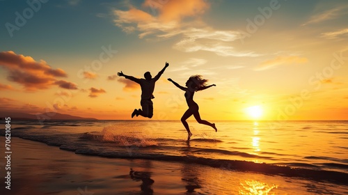 happy couple running and jumping on the beach at sunset,Silhouette Couples Jumping photo