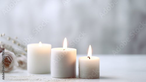 Tranquil Trio of Lit Candles with Soft Floral Accents for Luxury Beauty, Cosmetic, Skincare, Body Care, Aromatherapy, Spa Product Display Background