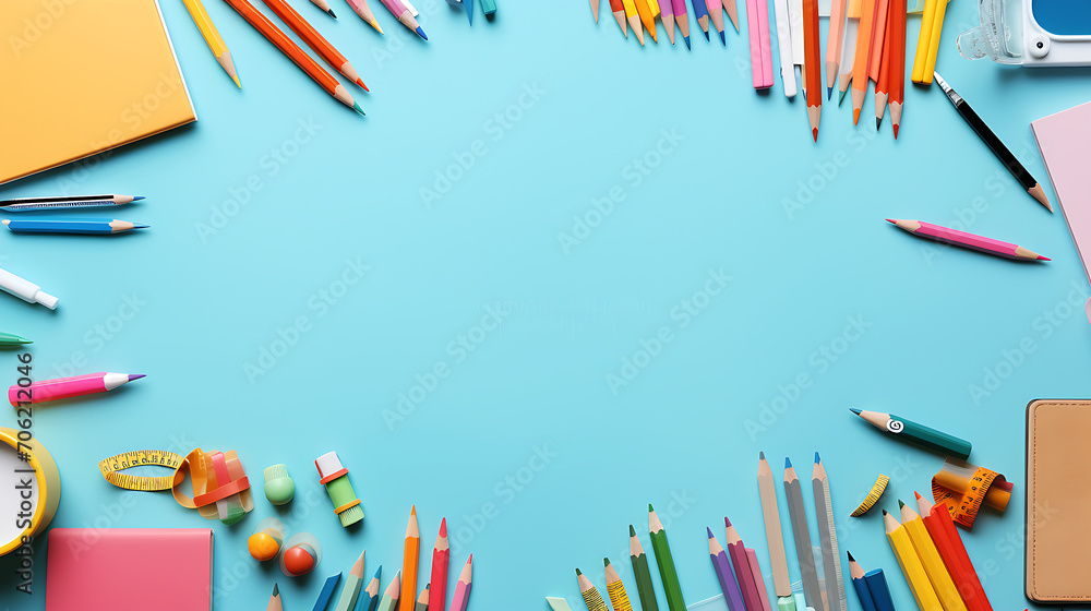 Frame of different stationery on light blue background, flat lay. Space for text, back to school