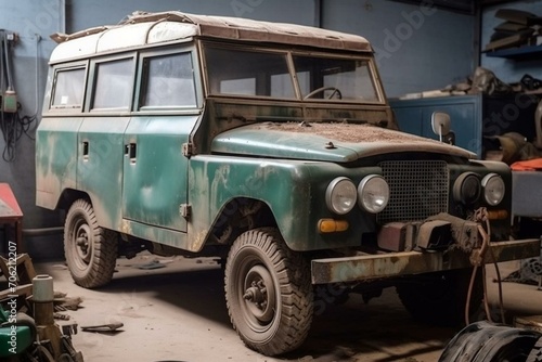 Unique vehicle in a workshop for repairs. Generative AI © Cybele