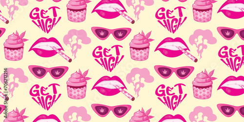 Pink seamless pattern with marijuana, weed, cannabis, leaves, glasses, lips, buds, joint, cigarette, cupcake. Vector illustration in y2k style, girly pink aesthetic. Trendy background. photo