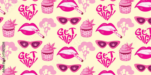 Pink seamless pattern with marijuana, weed, cannabis, leaves, glasses, lips, buds, joint, cigarette, cupcake. Vector illustration in y2k style, girly pink aesthetic. Trendy background.