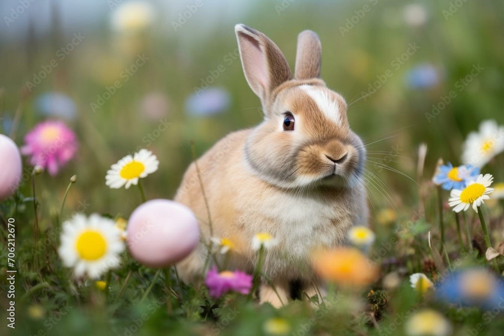 Adorable bunny with colored eggs in grassy meadow amidst blooming flowers. Generative AI