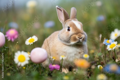 Adorable bunny with colored eggs in grassy meadow amidst blooming flowers. Generative AI