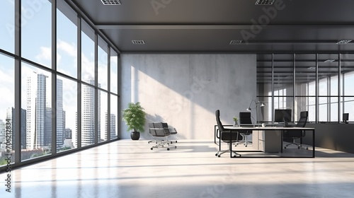 Contemporary office interior  bright with windows and city views. armchair  workplace and equipment.minimalist design