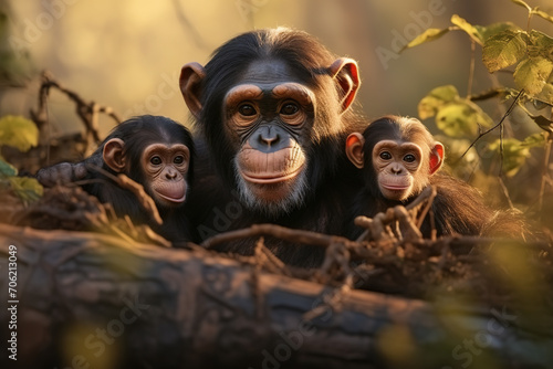 Family of chimpanzee in the forest, Mammals, Wildlife Animals. Illustration, Generative AI.