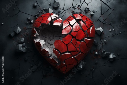 Illustration of a shattered heart in 3D. Generative AI