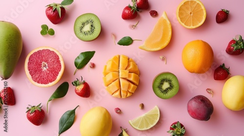  a variety of fruits are arranged on a pink surface with green leaves  strawberries  oranges  kiwis  lemons  and strawberries.
