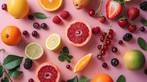  a table topped with fruits and vegetables on top of a pink surface with berries  oranges  lemons  and strawberries.